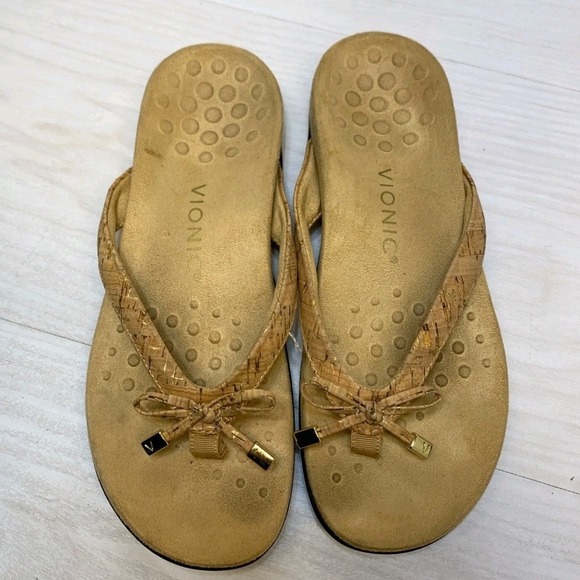 Vionic Shoes - Vionic Bella Cork Bow Flip Flop9 Sandals Tan Gold Orthotic Thong Womens 8.5 Wide